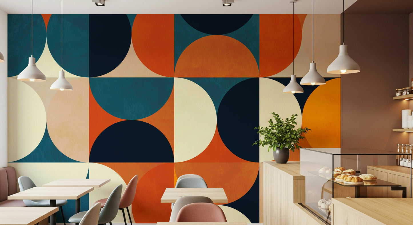 An artistic mid-century pattern mural on minimalist wallpaper.