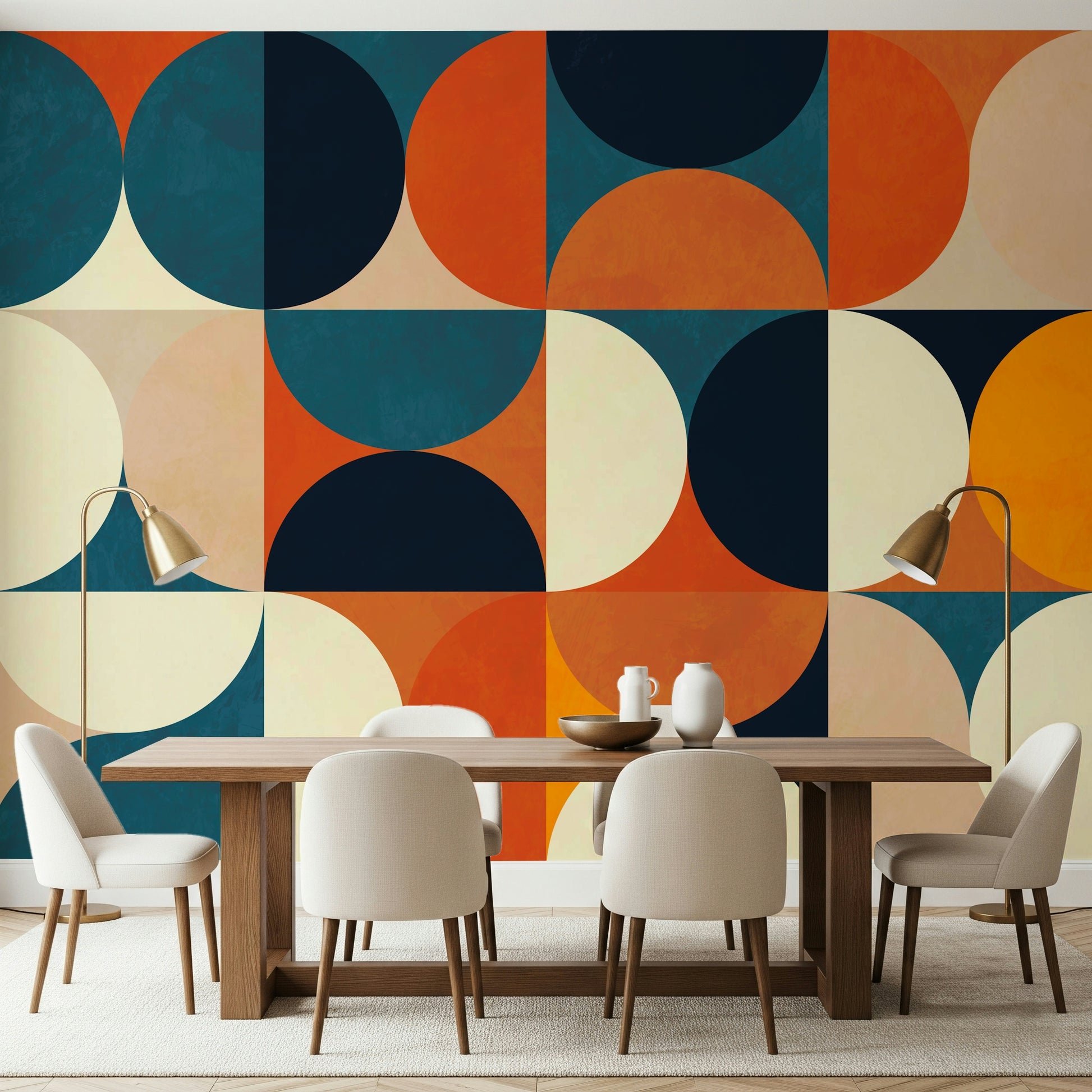 A contemplative geometric design wallpaper mural for a feature wall.