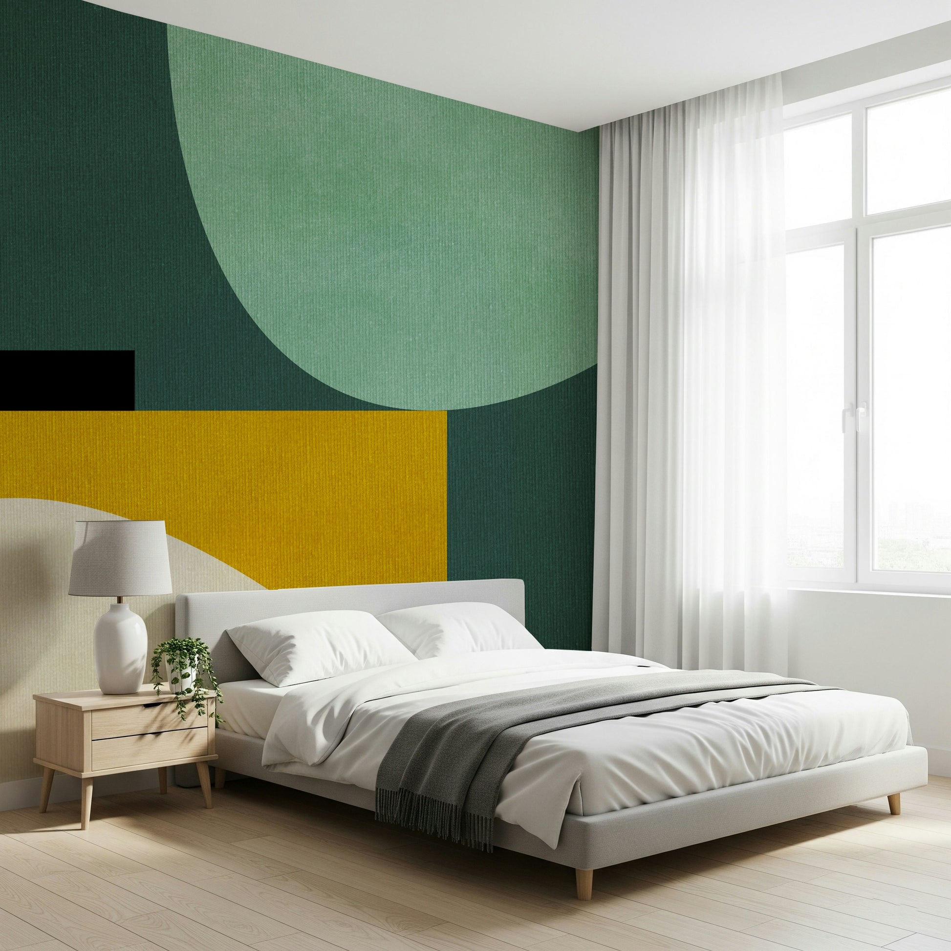 An artistic soft flowing mural on minimalist wallpaper.