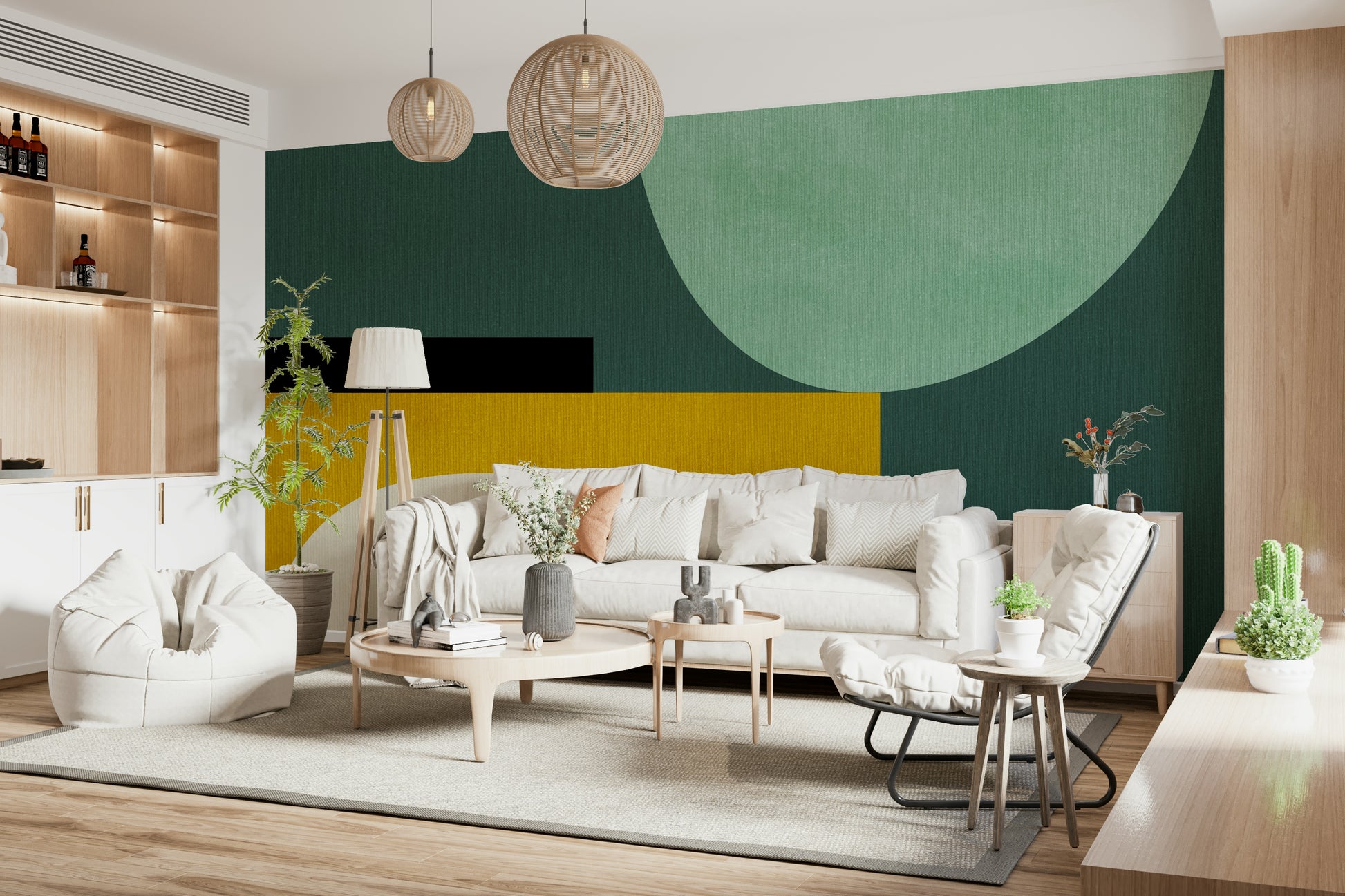 A beautiful minimalist curved line wallpaper mural for a modern home.