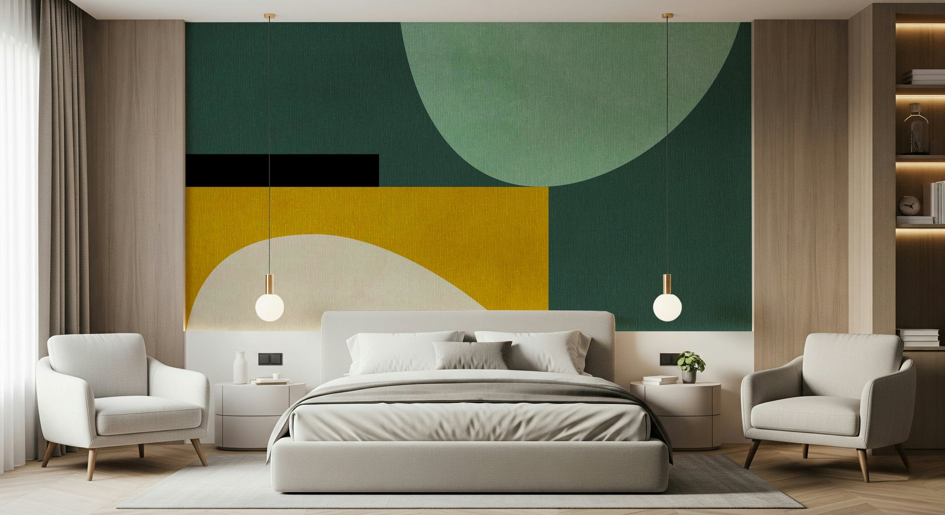 A peaceful modern abstract mural on decorative wallpaper.