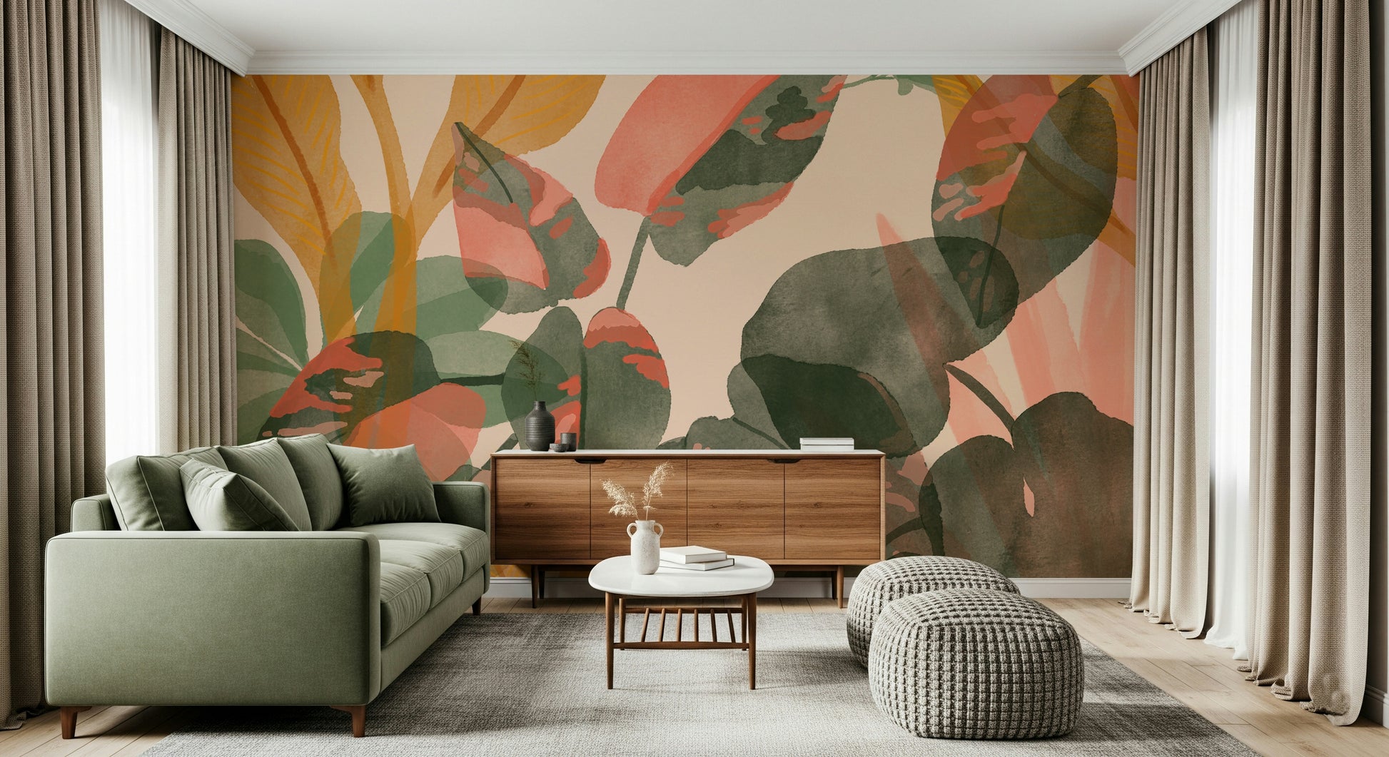 A serene subtle foliage wall mural with a painterly effect.
