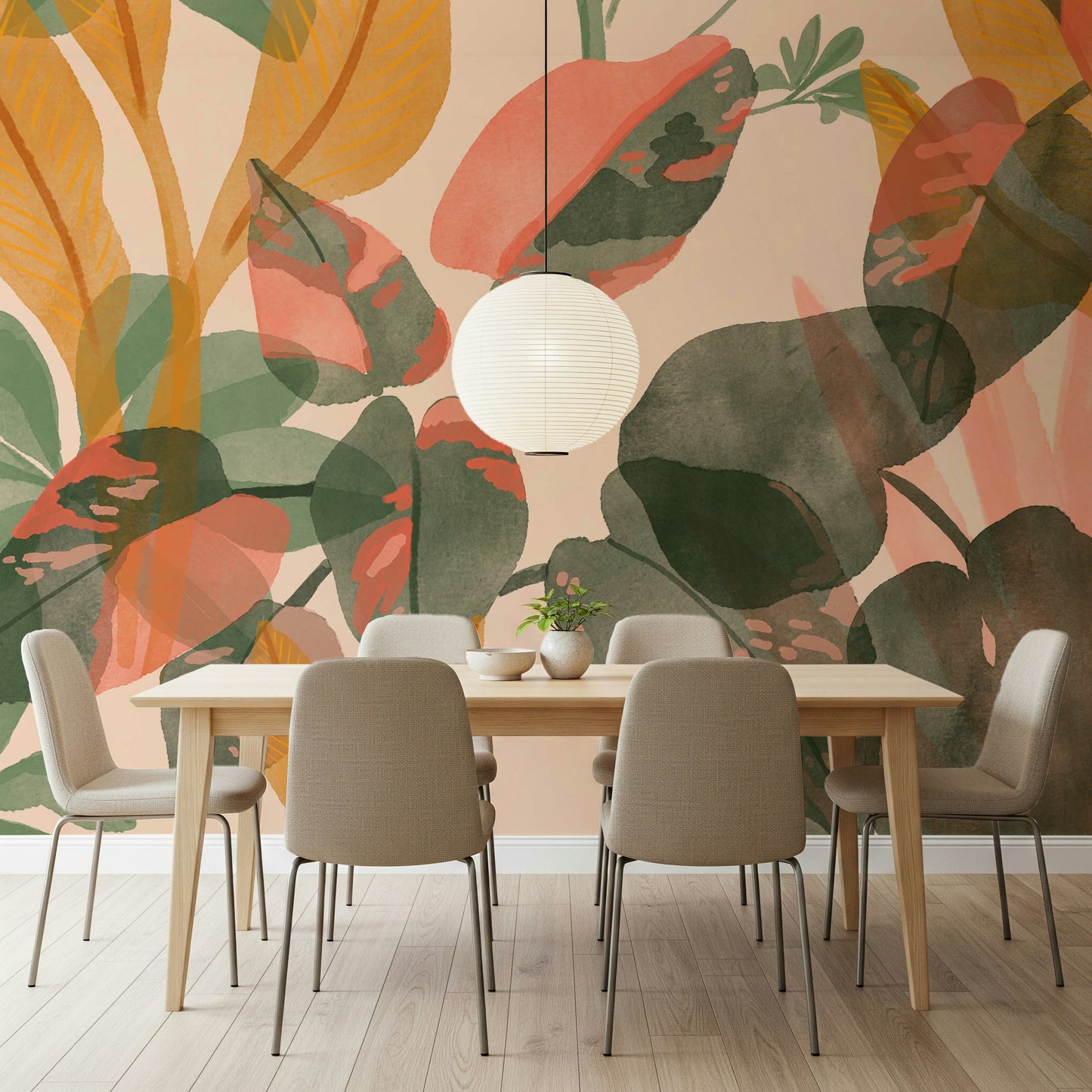 A contemplative botanical pattern wallpaper mural for a feature wall.