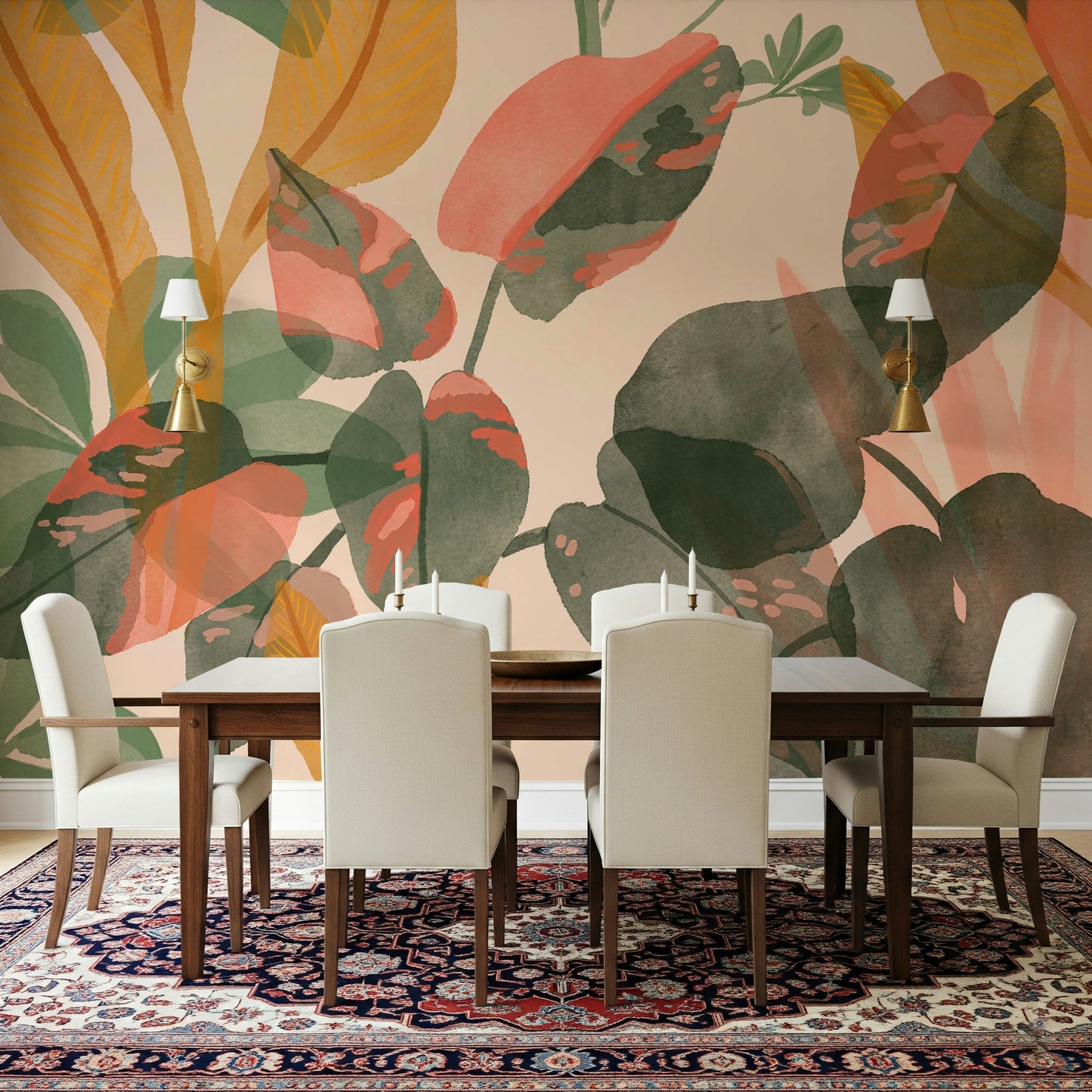 A graceful subtle leaf wall mural in soft, watercolor tones.