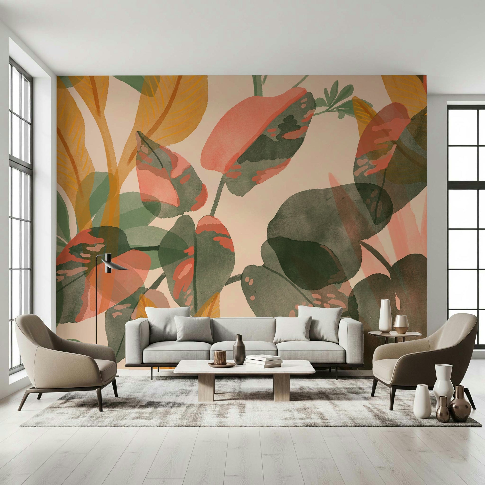 A calming foliage design wallpaper mural that defines a space.