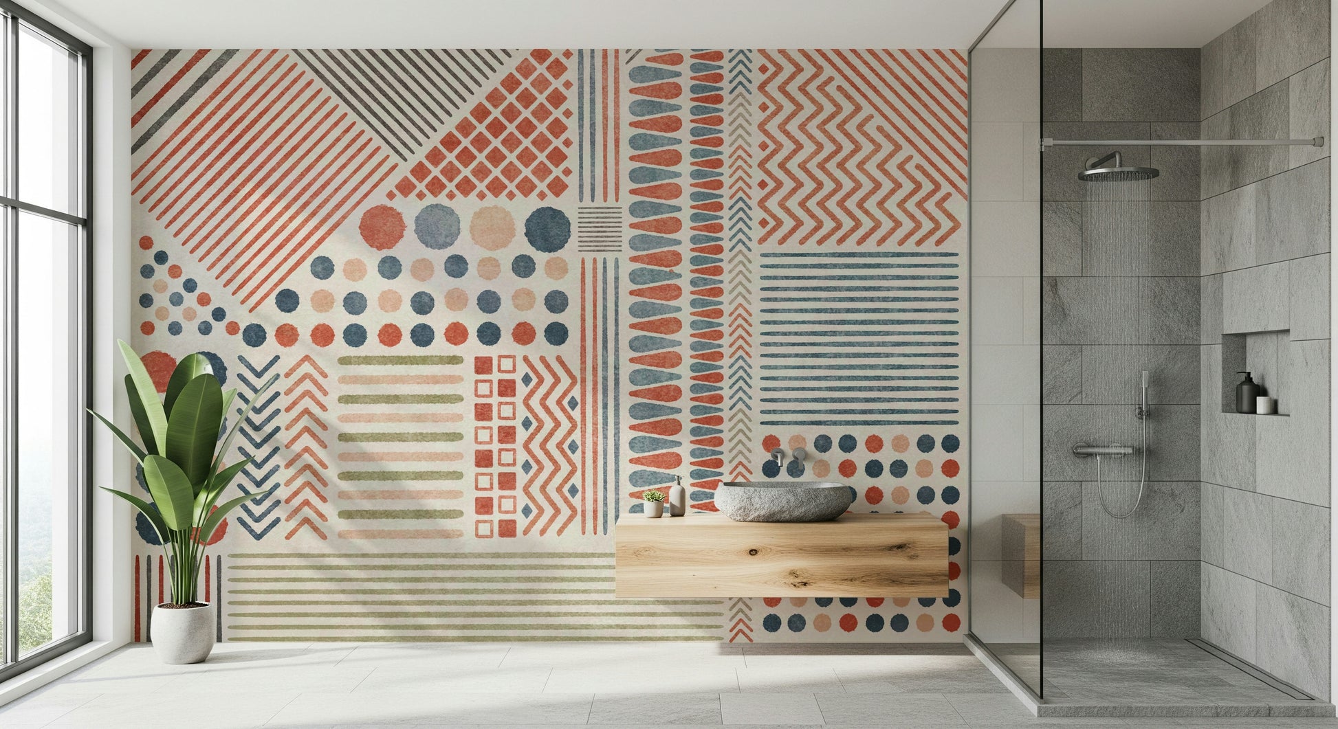 A serene abstract block wall mural for eclectic decor.