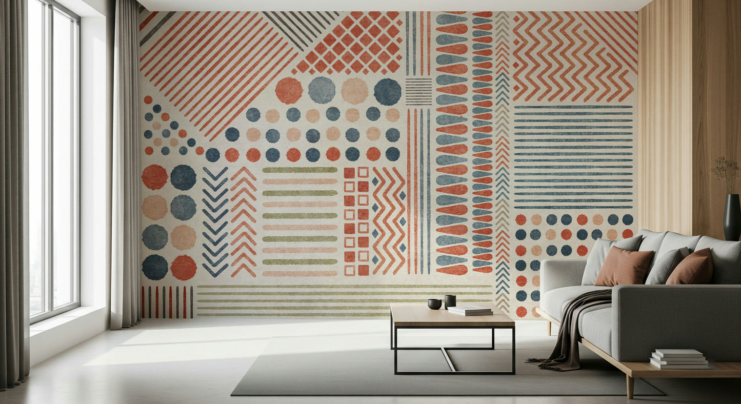 A graceful subtle block wall mural in warm, earthy tones.
