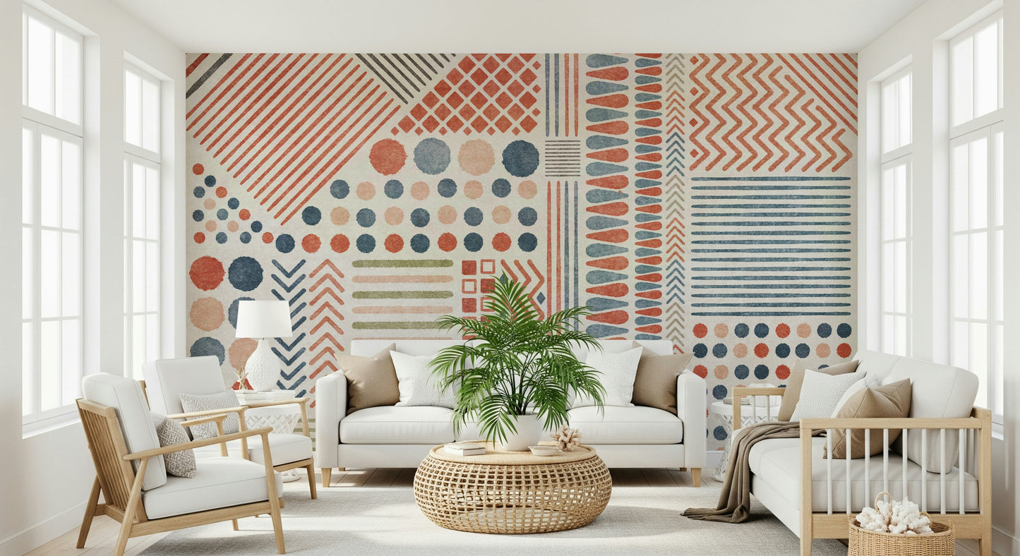 A peaceful geometric design mural on decorative wallpaper.