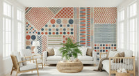 A peaceful geometric design mural on decorative wallpaper.