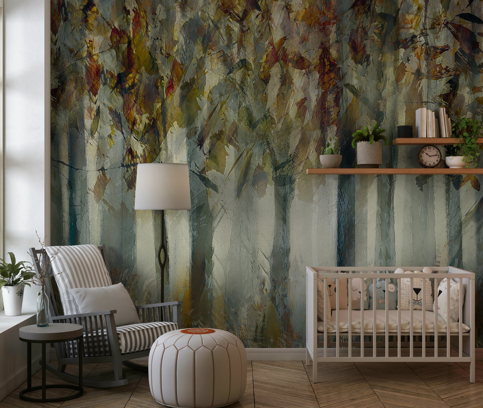 A beautiful ethereal forest wallpaper mural with subtle, misty trees.