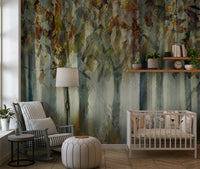 A beautiful ethereal forest wallpaper mural with subtle, misty trees.