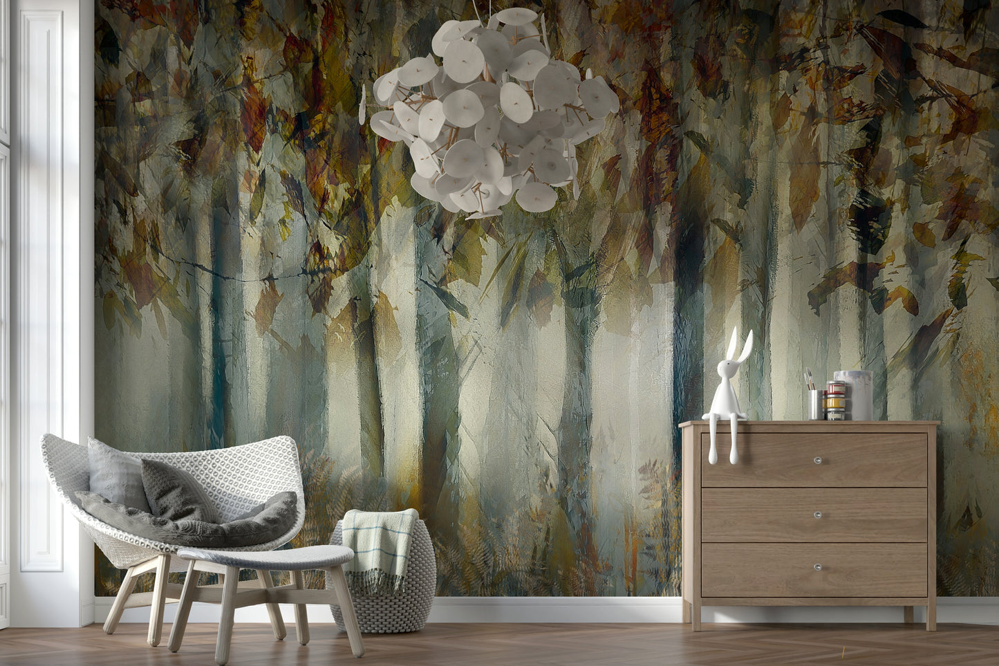 A peaceful woodland vista mural on decorative wallpaper.
