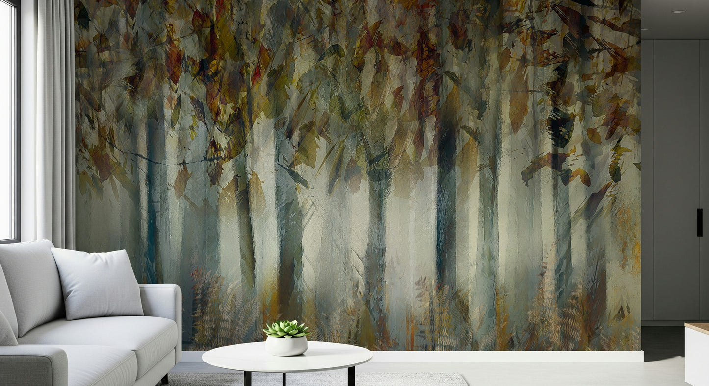 A calming serene forest wallpaper mural that defines a space.