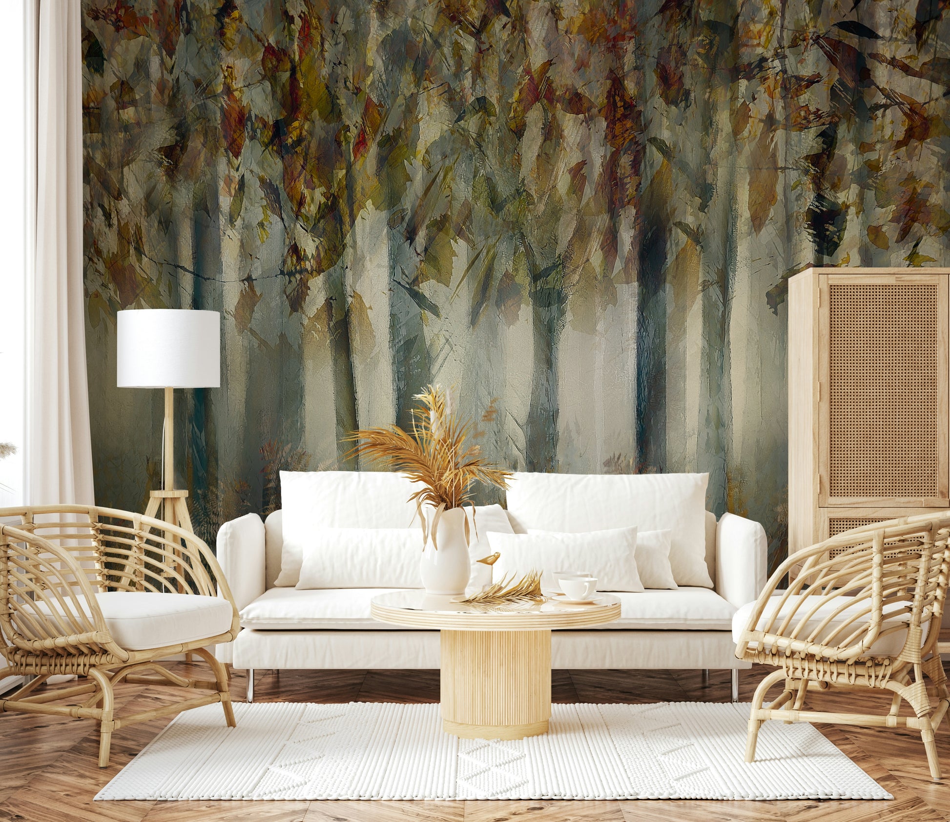 A beautiful wide-angle wall mural of a dreamy wood.