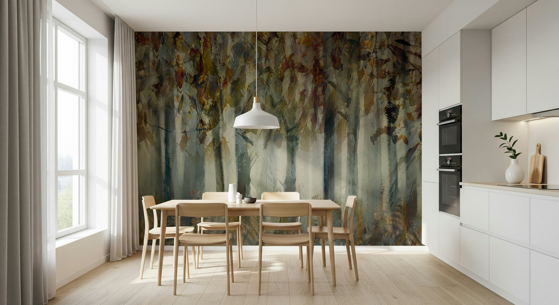 An artistic dreamy landscape mural on minimalist wallpaper.