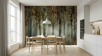 An artistic dreamy landscape mural on minimalist wallpaper.