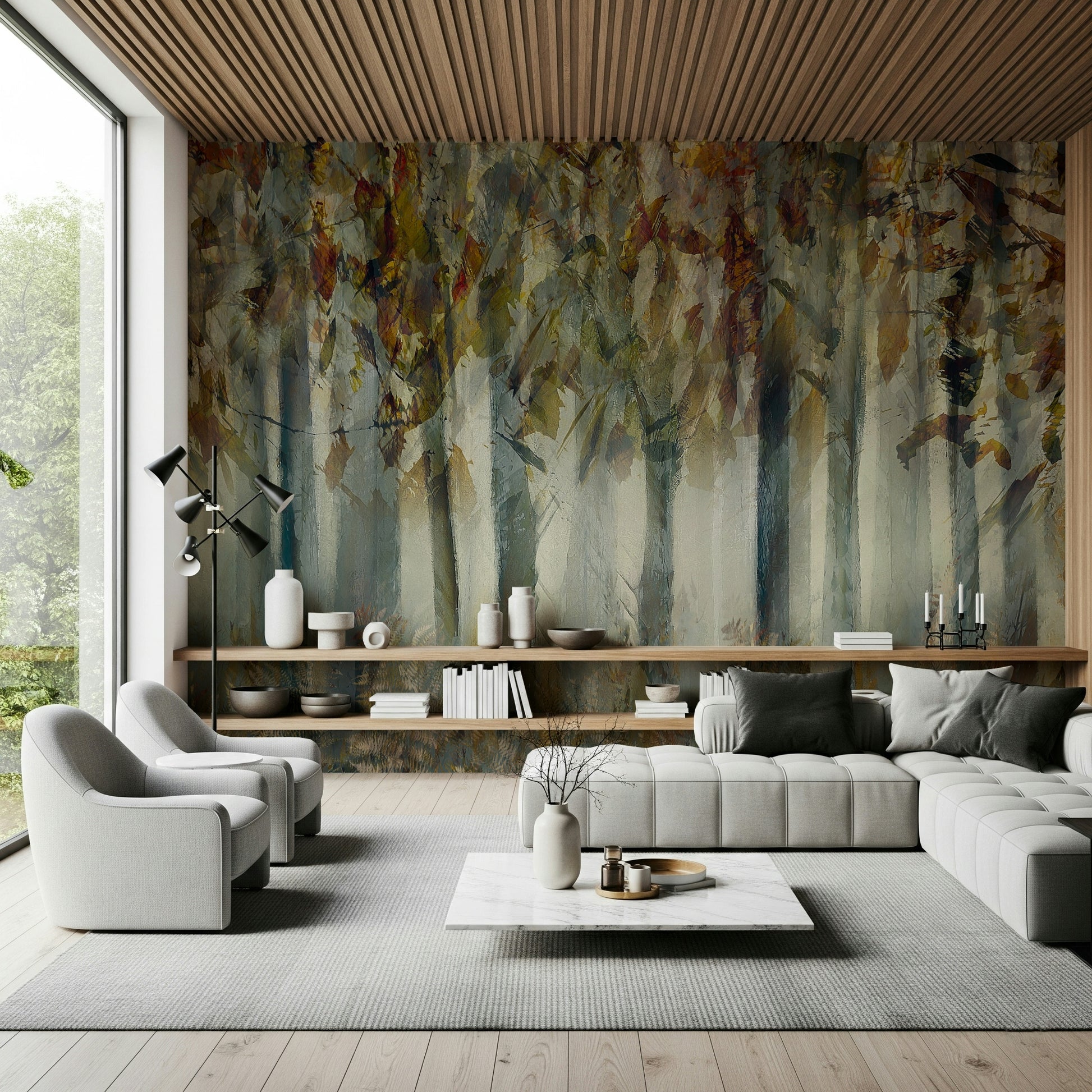 A serene tranquil woods wall mural for your decor.