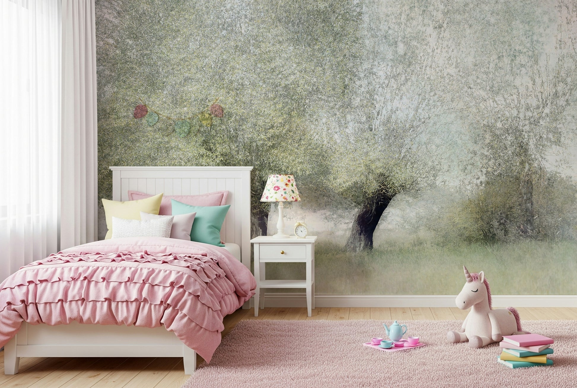 A peaceful modern abstract mural on decorative wallpaper.