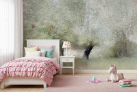 A peaceful modern abstract mural on decorative wallpaper.