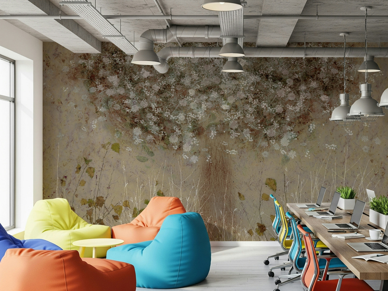 A beautiful painterly floral wallpaper mural with vibrant, artistic blossoms.
