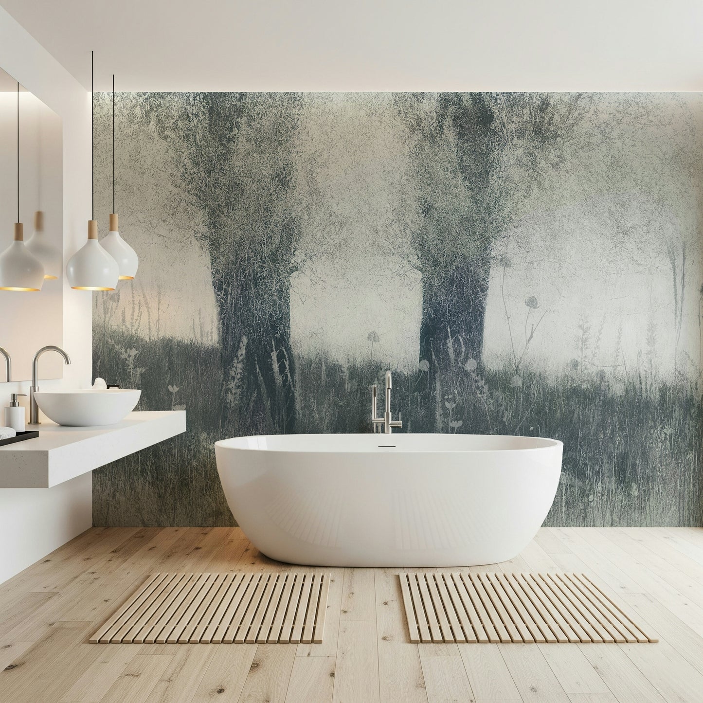 A beautiful misty arbor wallpaper mural for a modern, calm home.