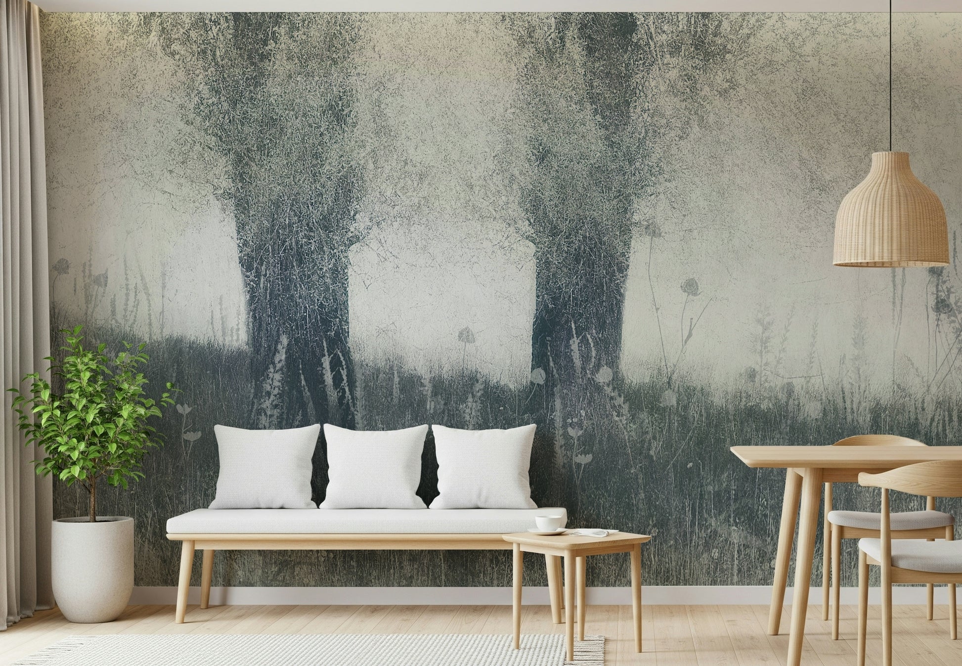 An artistic delicate tree mural on minimalist wallpaper.