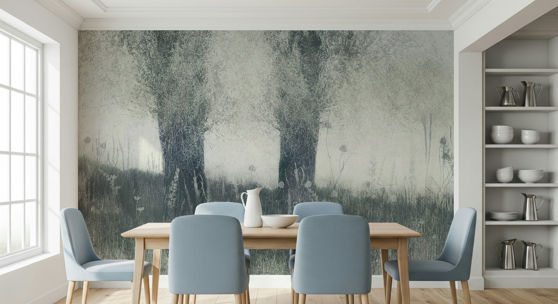 A calming serene forest wallpaper mural that defines a space.