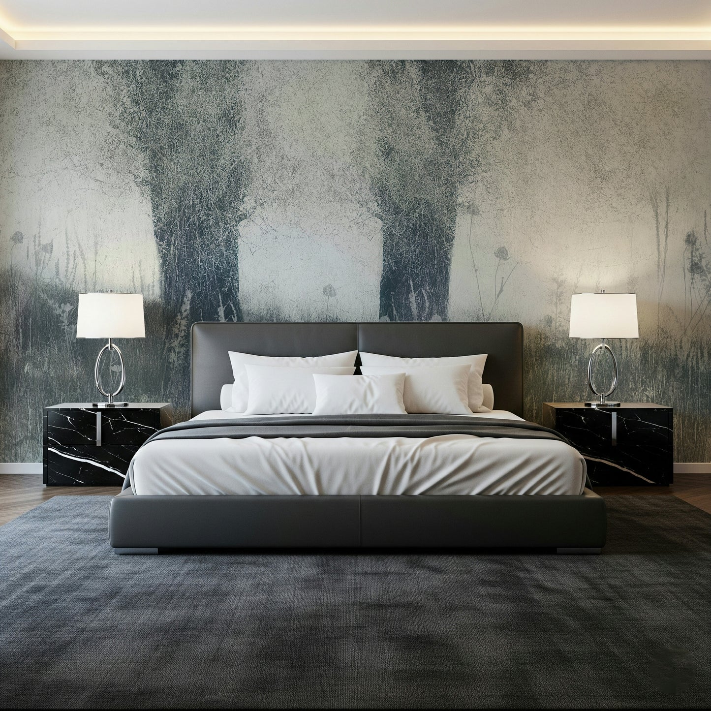 A serene subtle forest wall mural with an elegant, hazy effect.