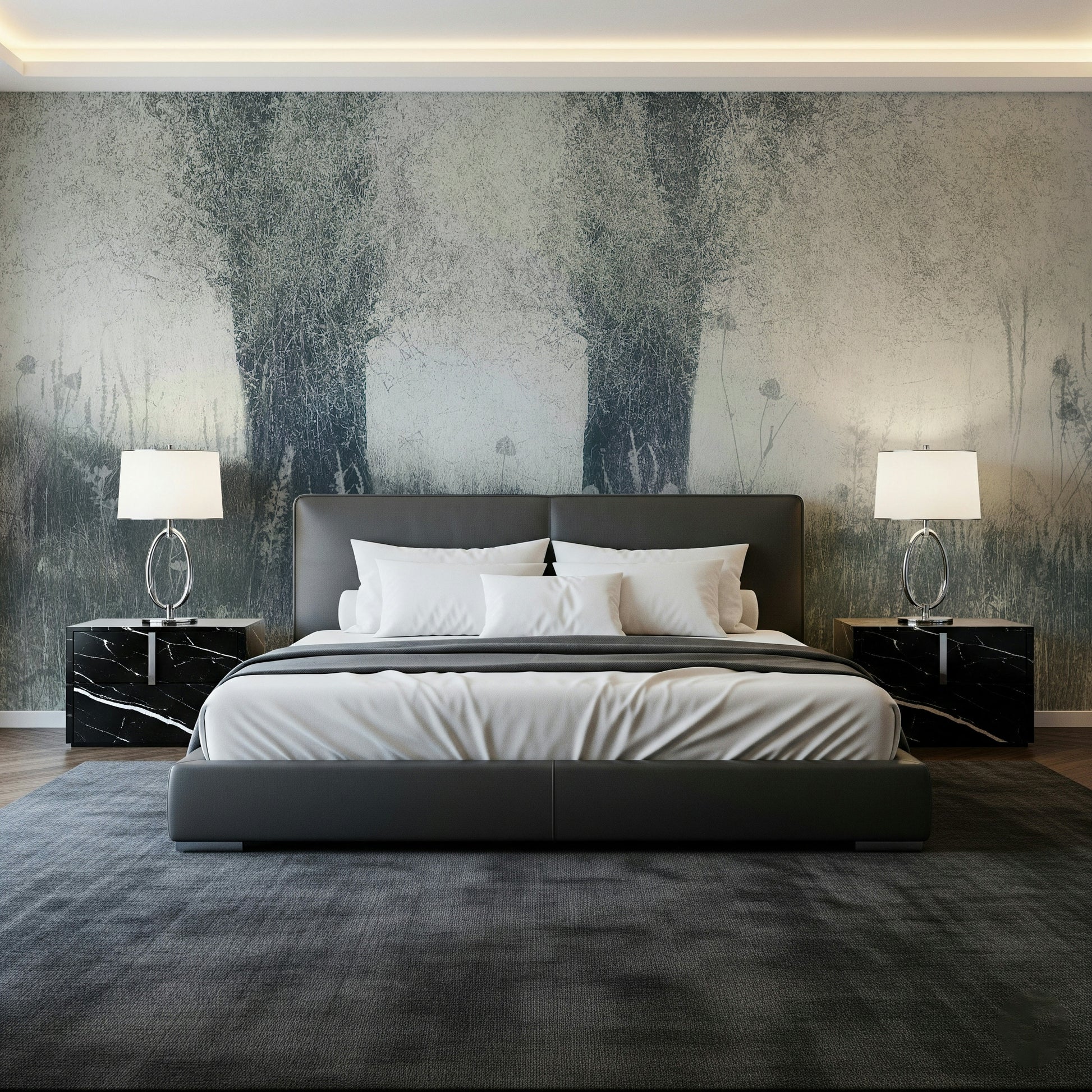 A serene subtle forest wall mural with an elegant, hazy effect.