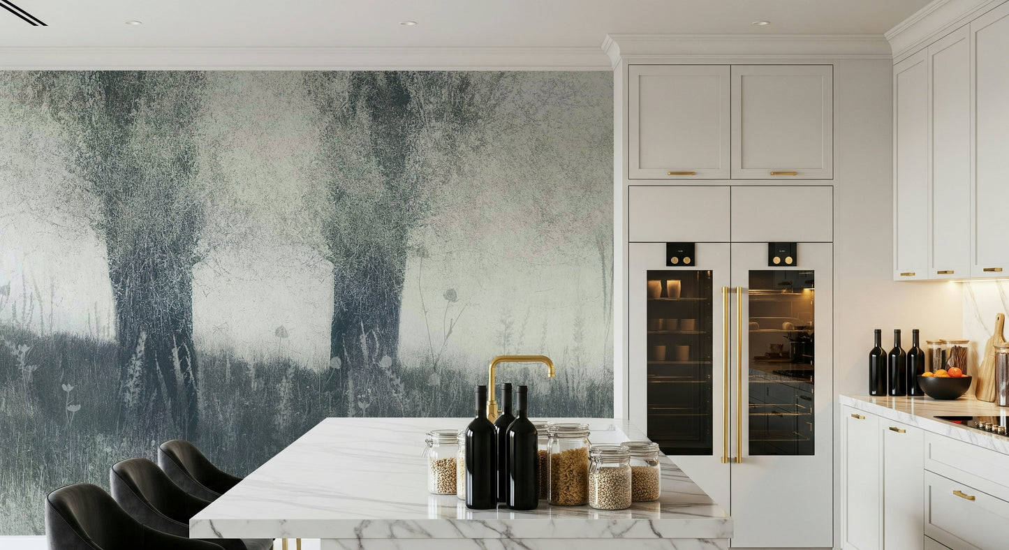 A graceful subtle light wall mural in cool, natural tones.