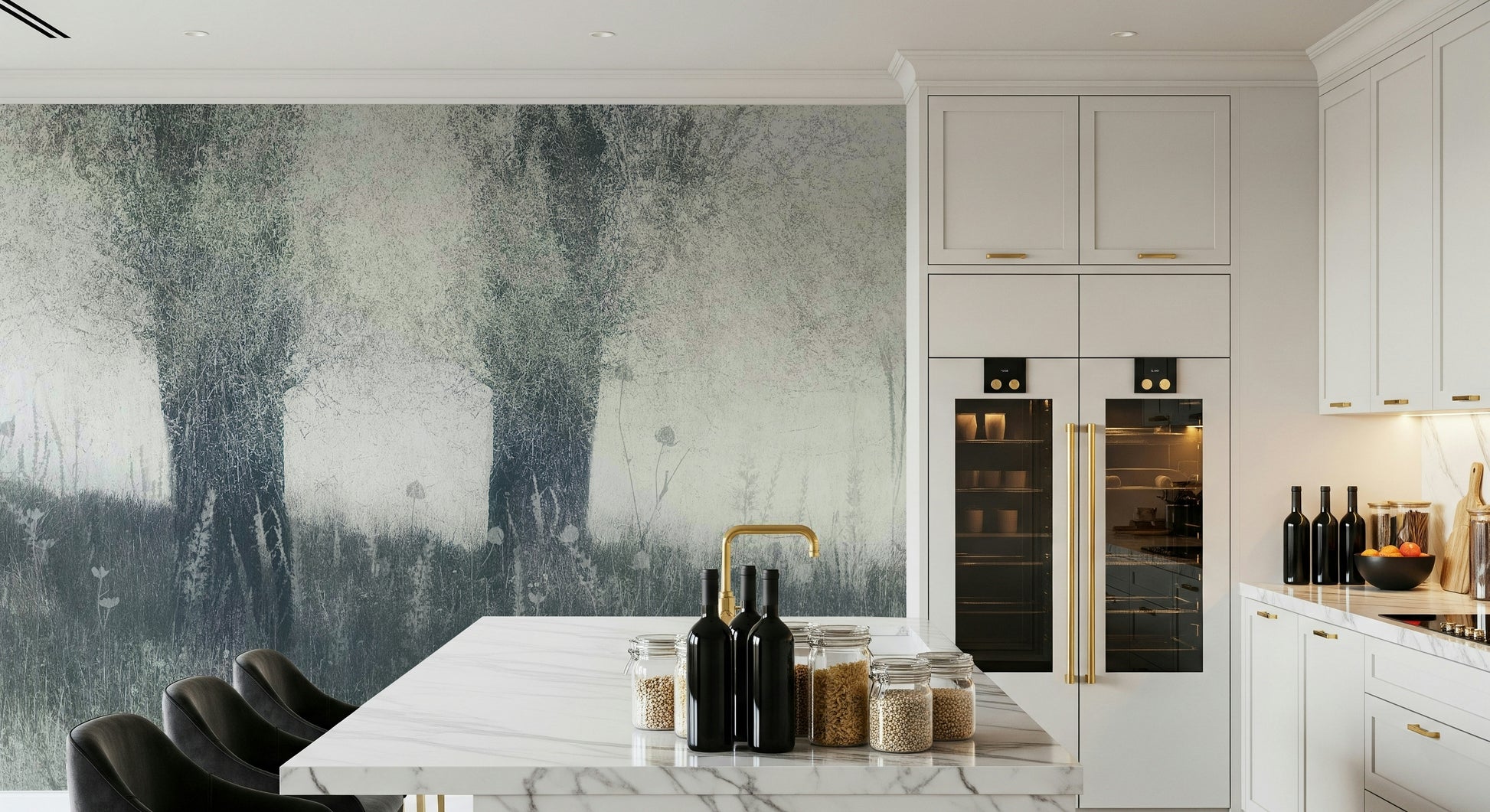 A graceful subtle light wall mural in cool, natural tones.