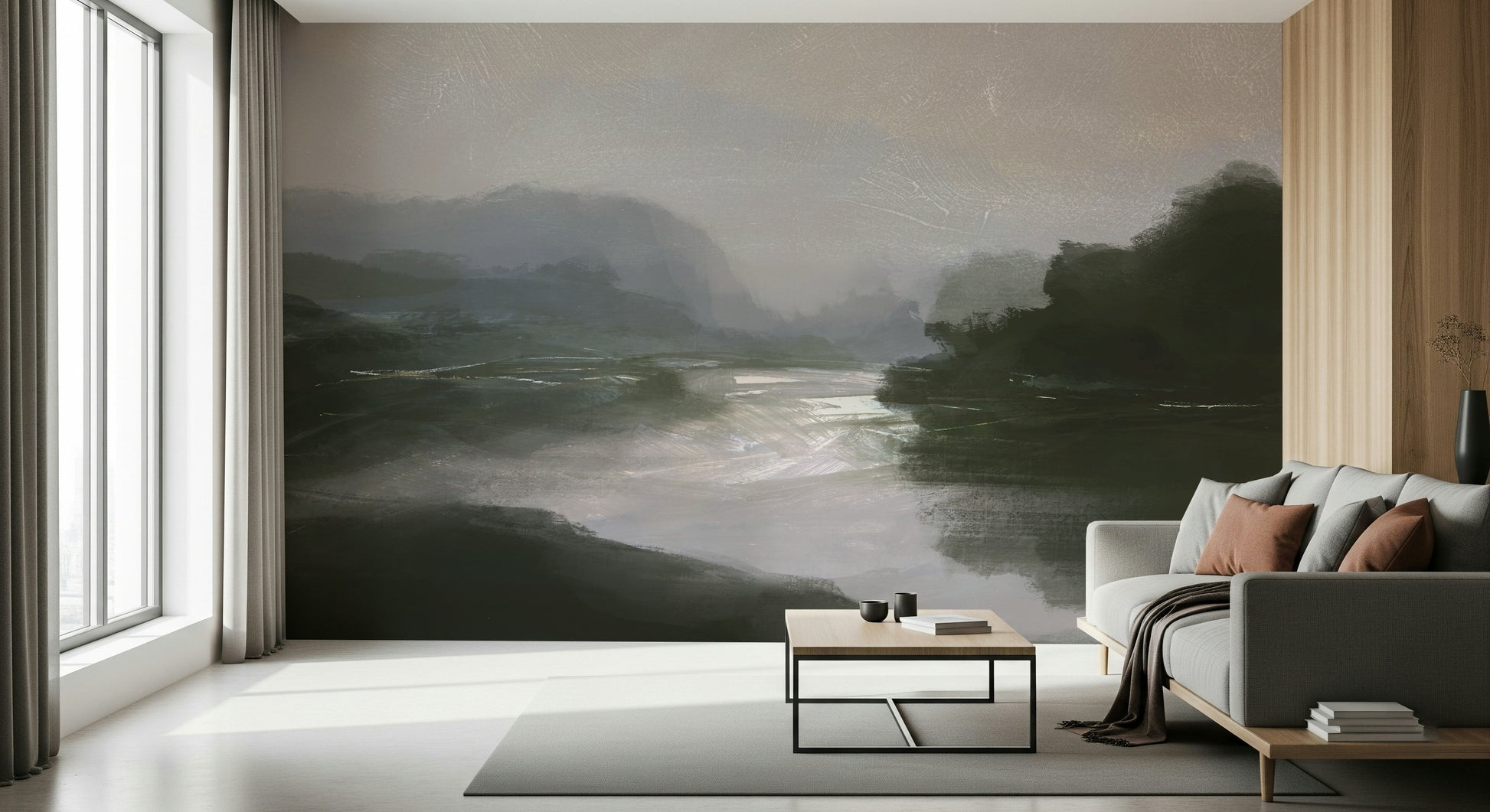 A peaceful river vista mural on decorative wallpaper.