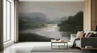 A peaceful river vista mural on decorative wallpaper.