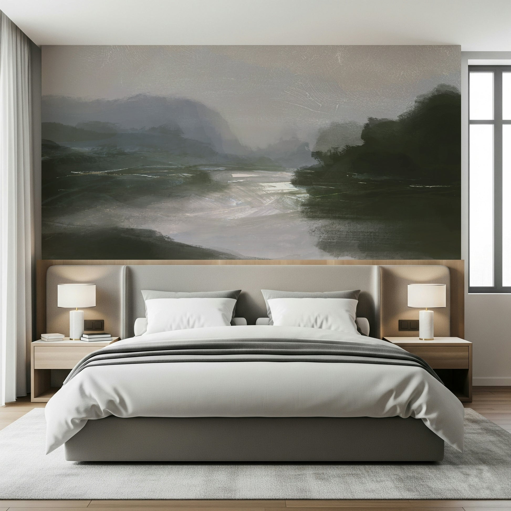 A beautiful wide-angle wall mural of an ethereal river.