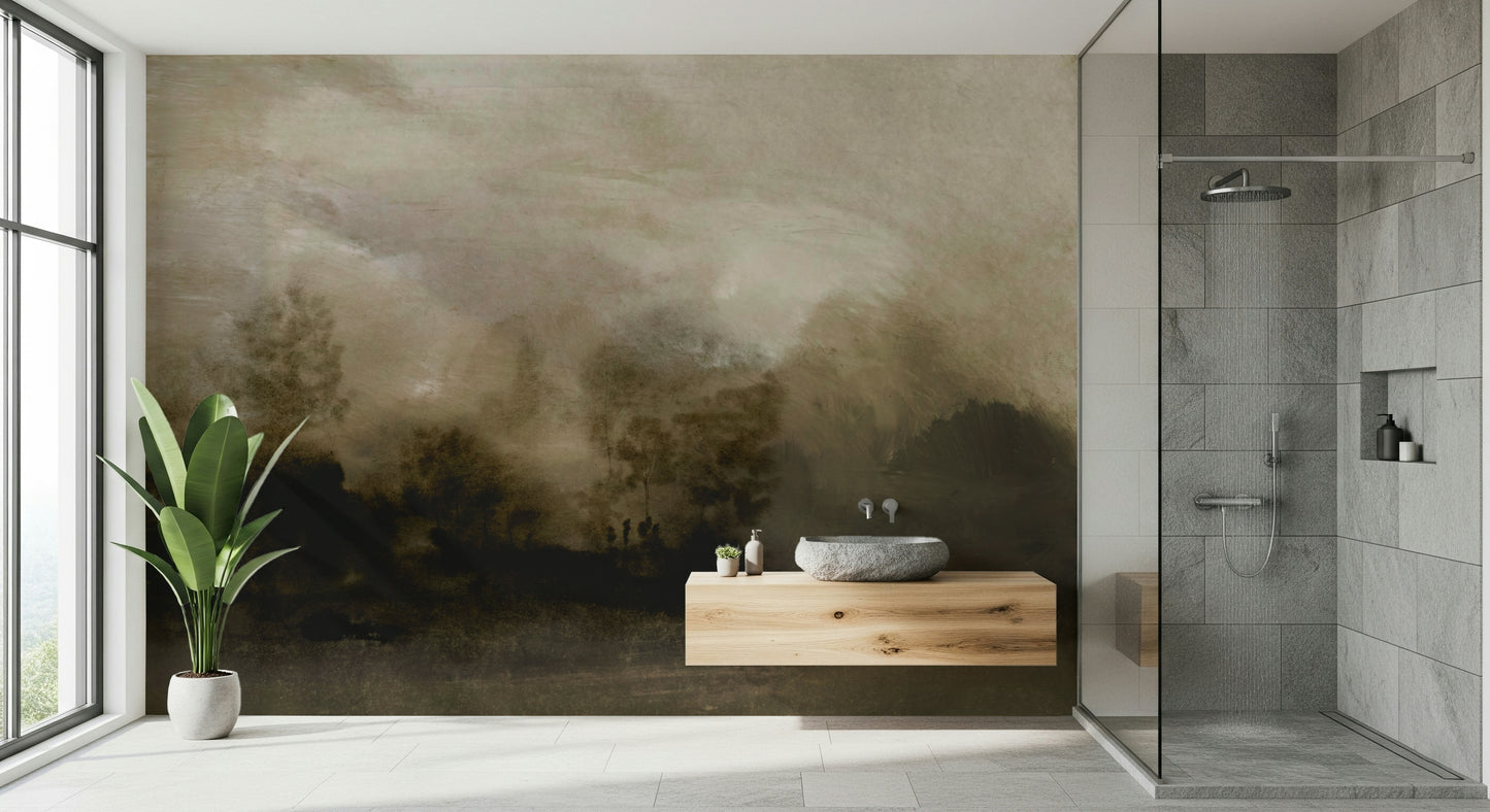 An artistic dreamy landscape mural on minimalist wallpaper.