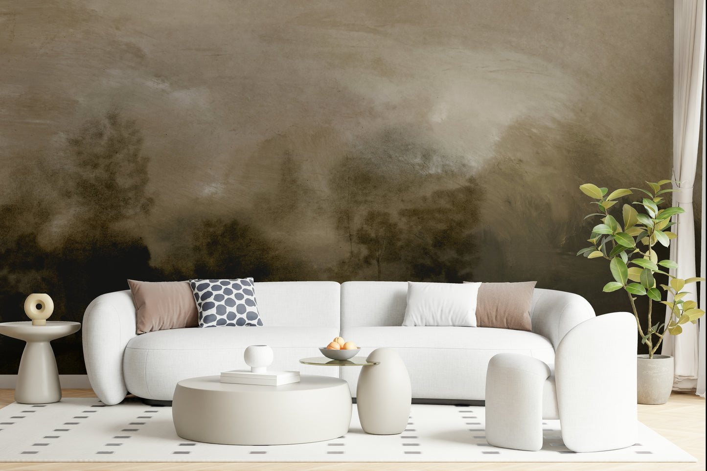 A contemplative misty forest wallpaper mural for a feature wall.