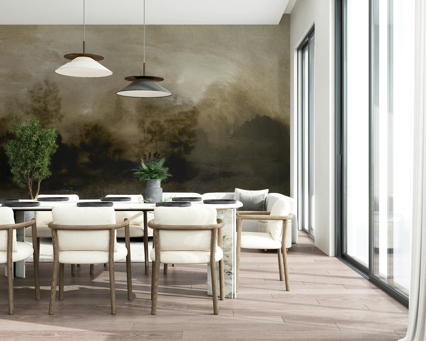 A beautiful wide-angle wall mural of a dreamy wood.