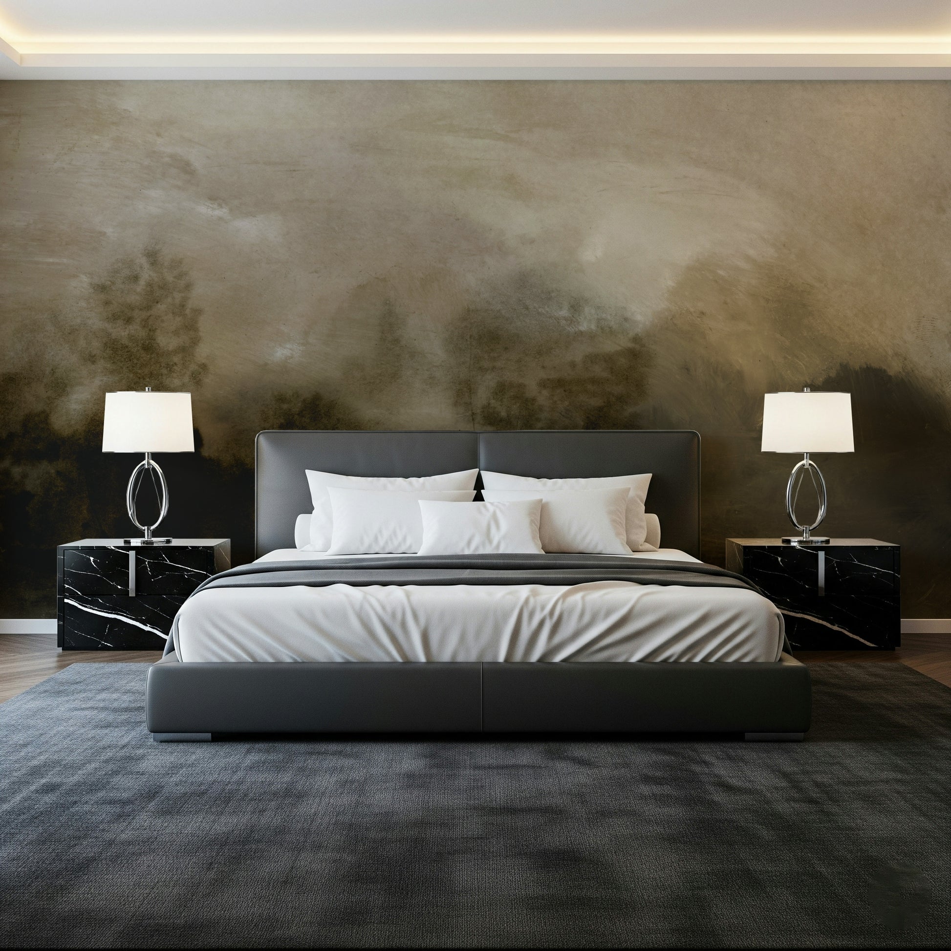 A beautiful serene forest wallpaper mural with subtle mist.