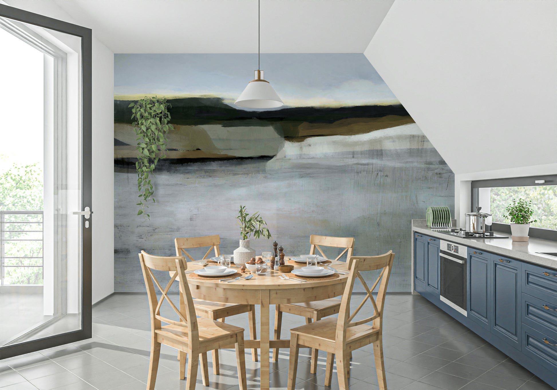 A graceful subtle pattern wall mural in cool, neutral tones.