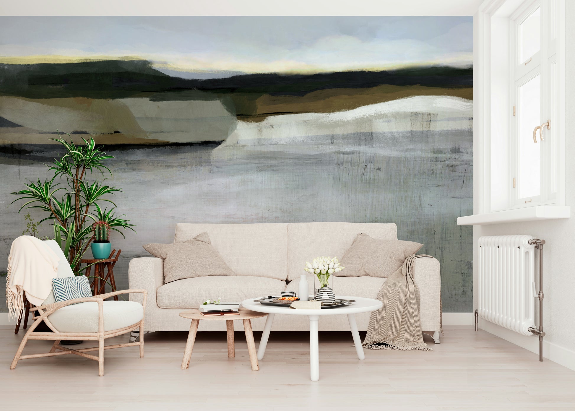 A contemplative gentle landscape wallpaper mural for a feature wall.
