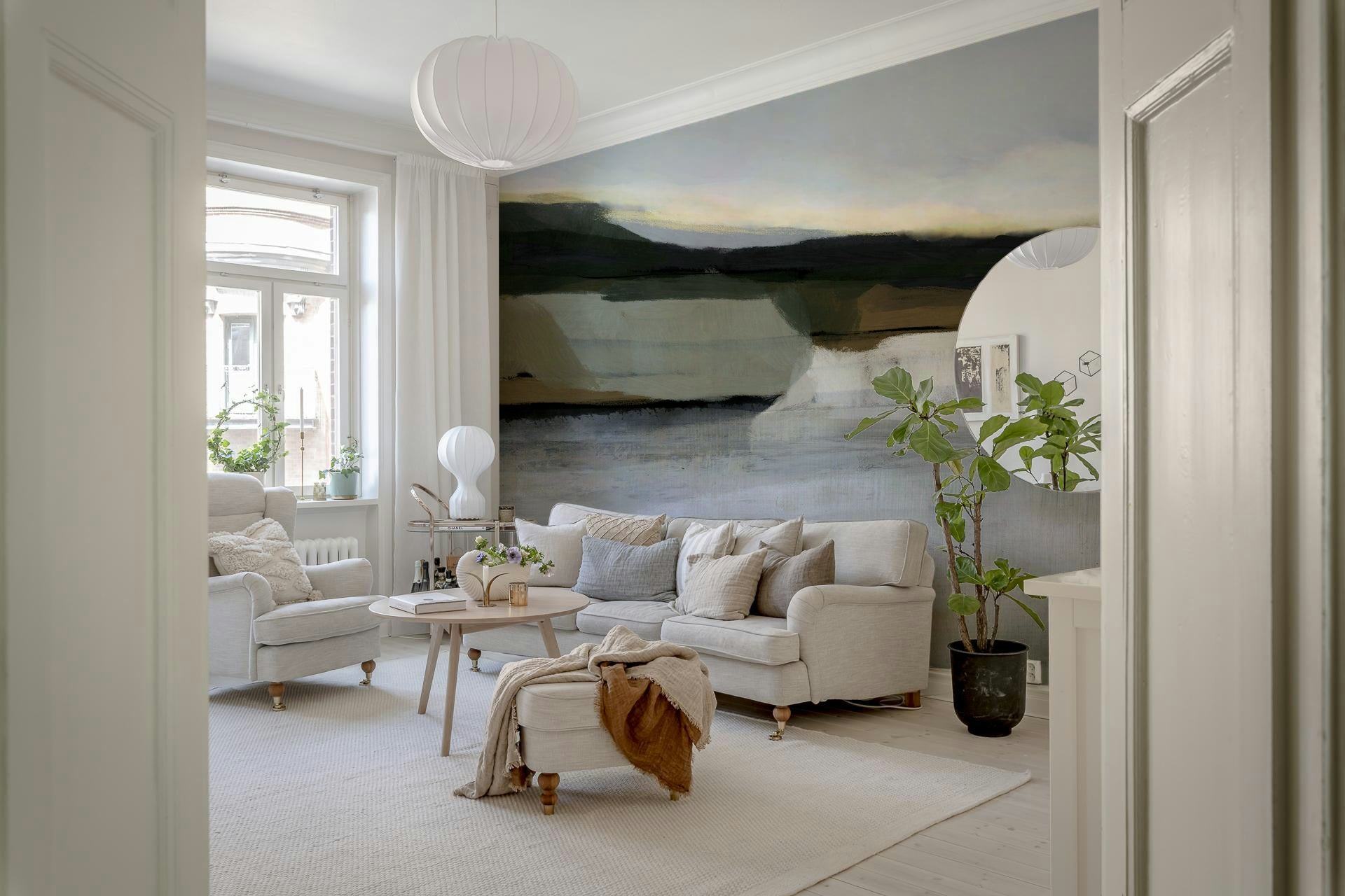 A beautiful subtle abstract wallpaper mural with a hazy, distant horizon line.