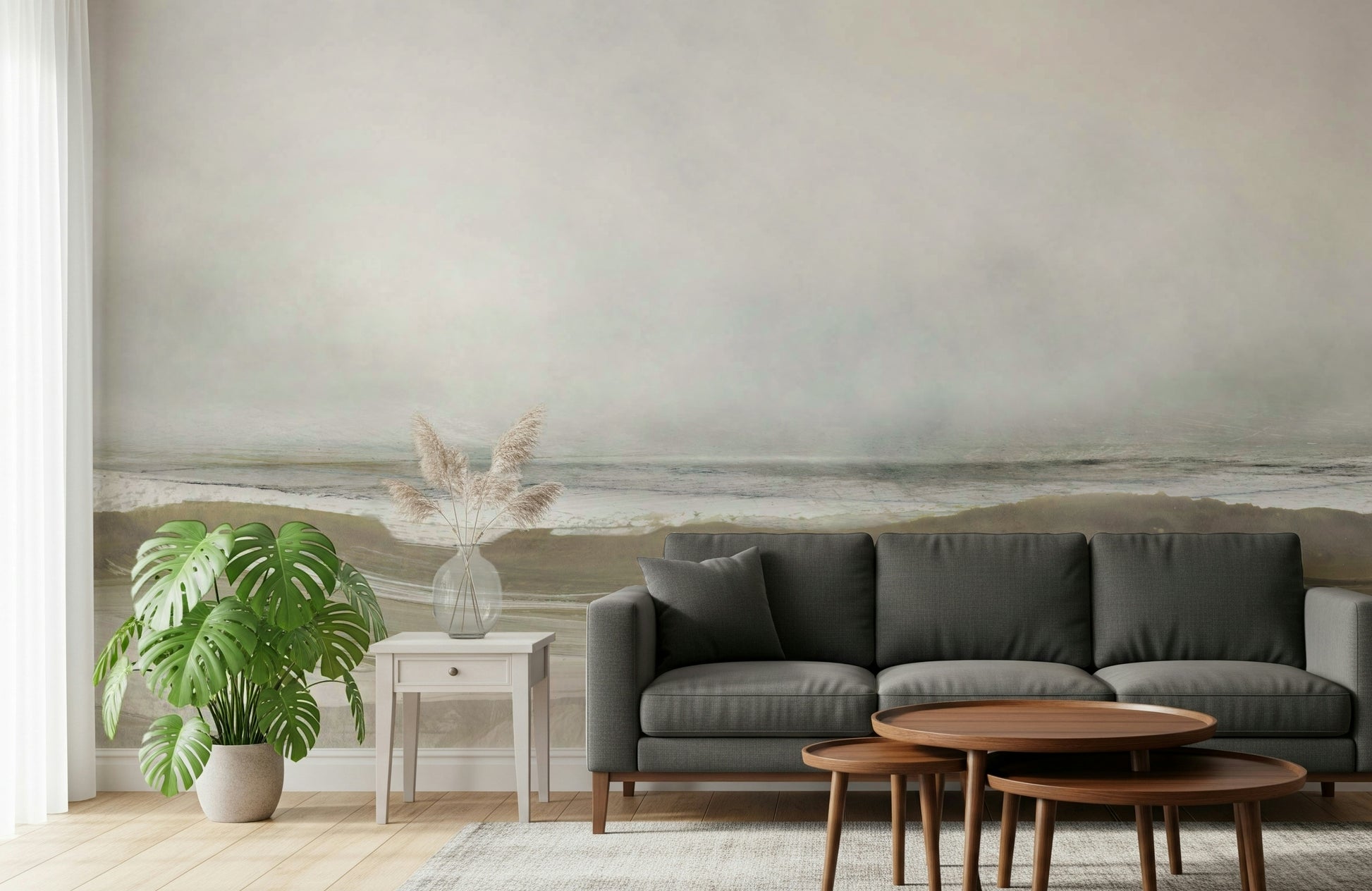 A beautiful abstract ocean wallpaper mural with subtle brushstrokes.