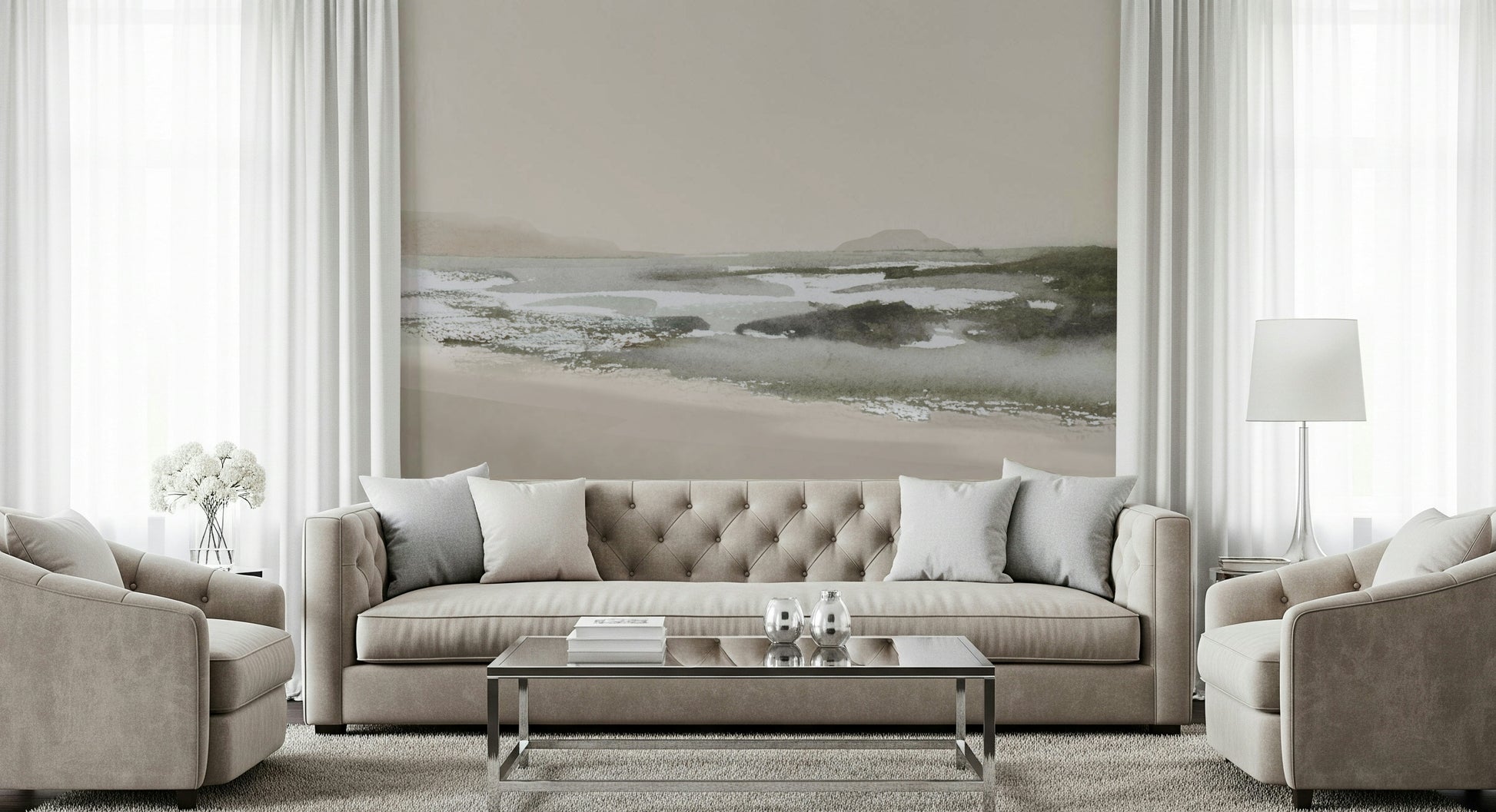 A contemplative gentle wave wallpaper mural for a feature wall.