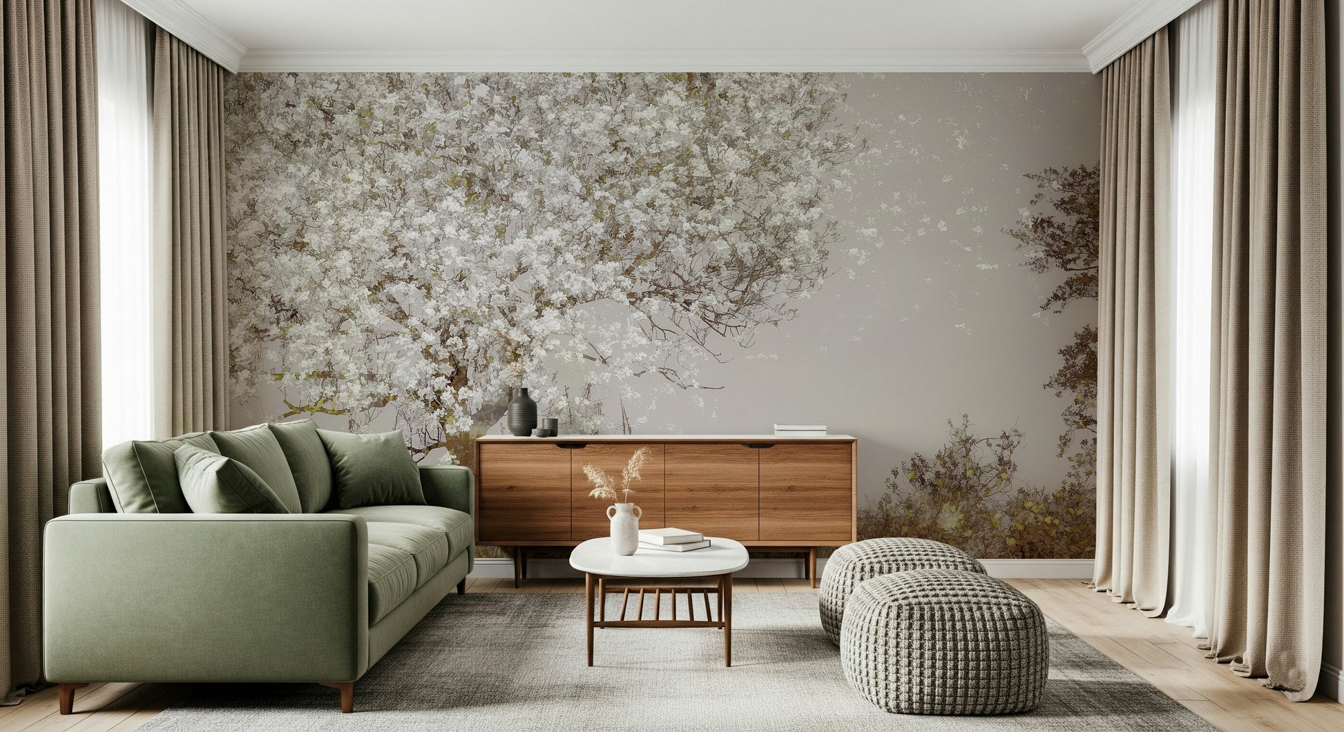 A beautiful wide-angle wall mural of a flowering tree.
