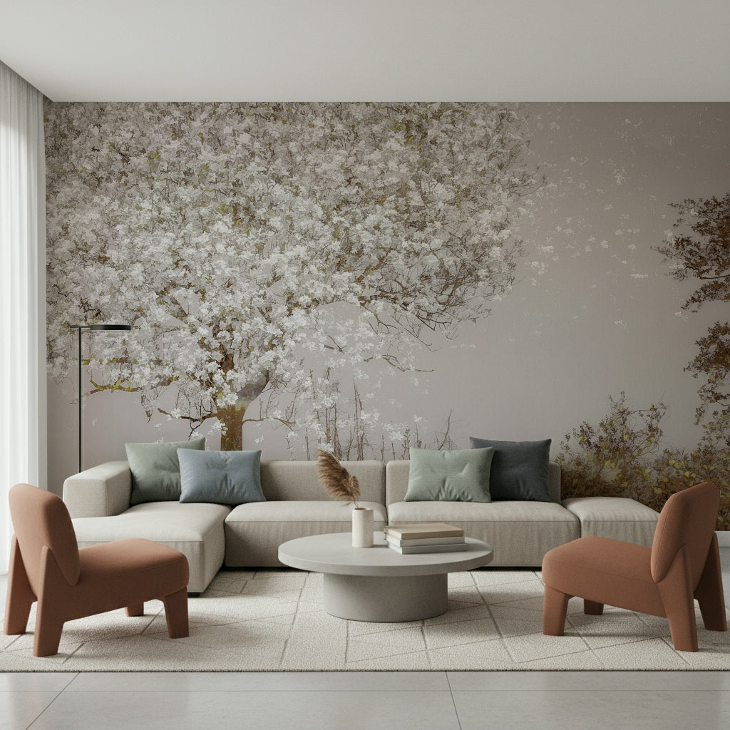 An artistic delicate bloom mural on minimalist wallpaper.