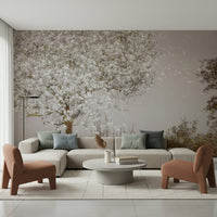 An artistic delicate bloom mural on minimalist wallpaper.