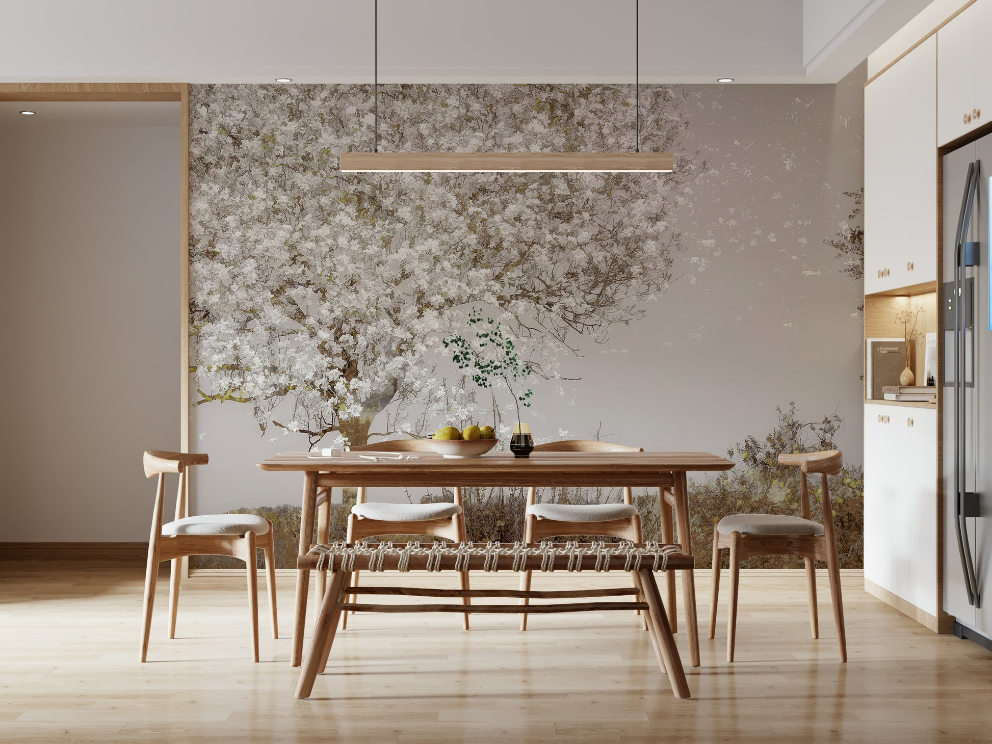 A graceful subtle bloom wall mural in soft, elegant tones.