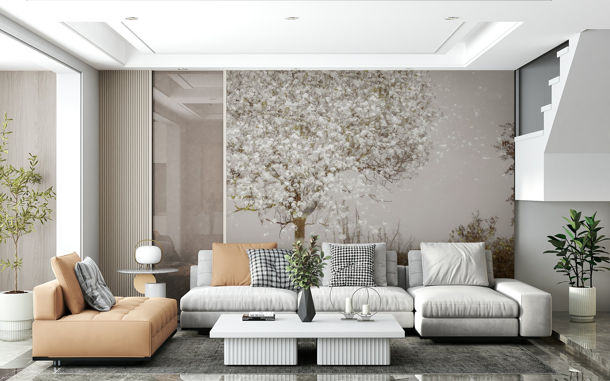 A contemplative spring landscape wallpaper mural for a feature wall.