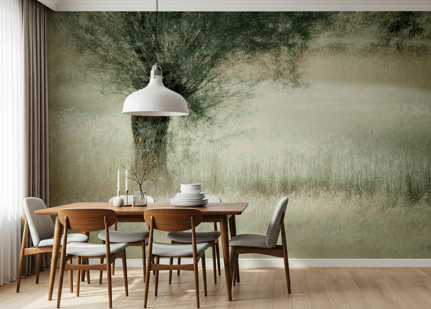A graceful subtle pattern wall mural in cool, natural tones.