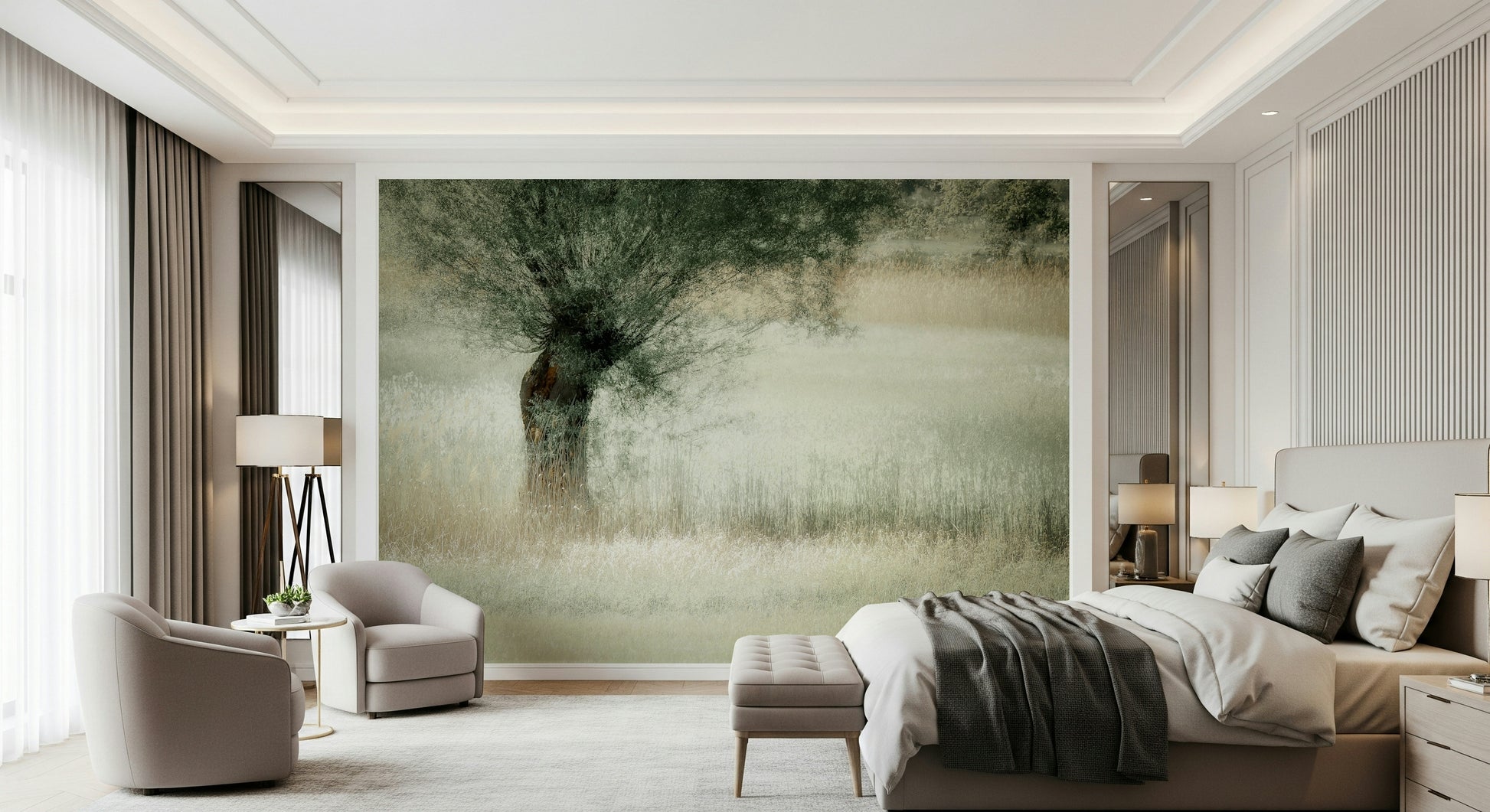 A beautiful wide-angle wall mural of a peaceful meadow.